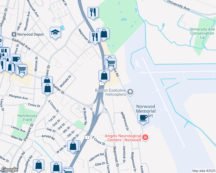 map of restaurants, bars, coffee shops, grocery stores, and more near 544 Neponset Street in Norwood
