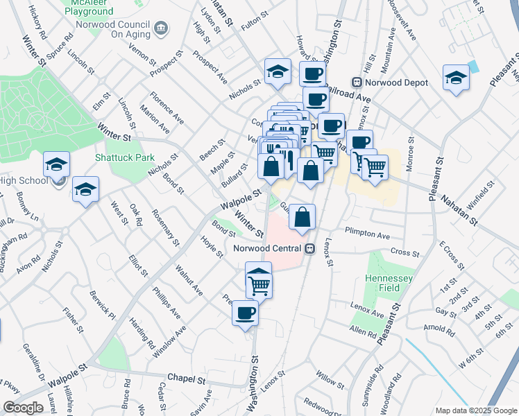 map of restaurants, bars, coffee shops, grocery stores, and more near 34-36 Walpole Street in Norwood
