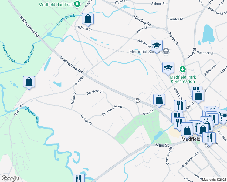 map of restaurants, bars, coffee shops, grocery stores, and more near 25 Brastow Drive in Medfield