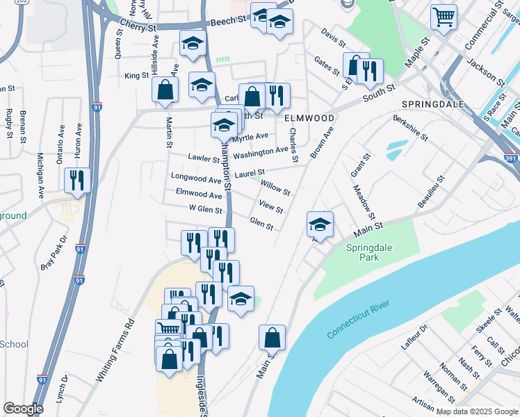 map of restaurants, bars, coffee shops, grocery stores, and more near 14 View Street in Holyoke