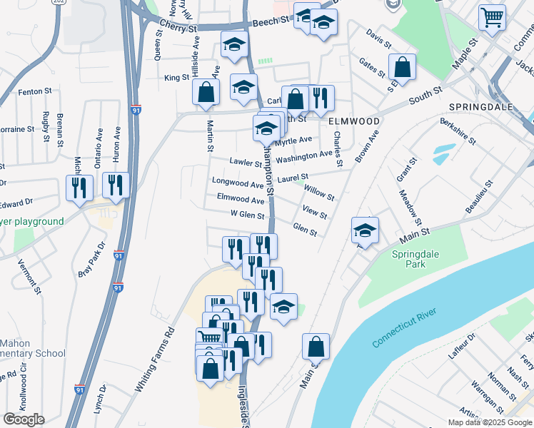 map of restaurants, bars, coffee shops, grocery stores, and more near 2097-2099 Northampton Street in Holyoke