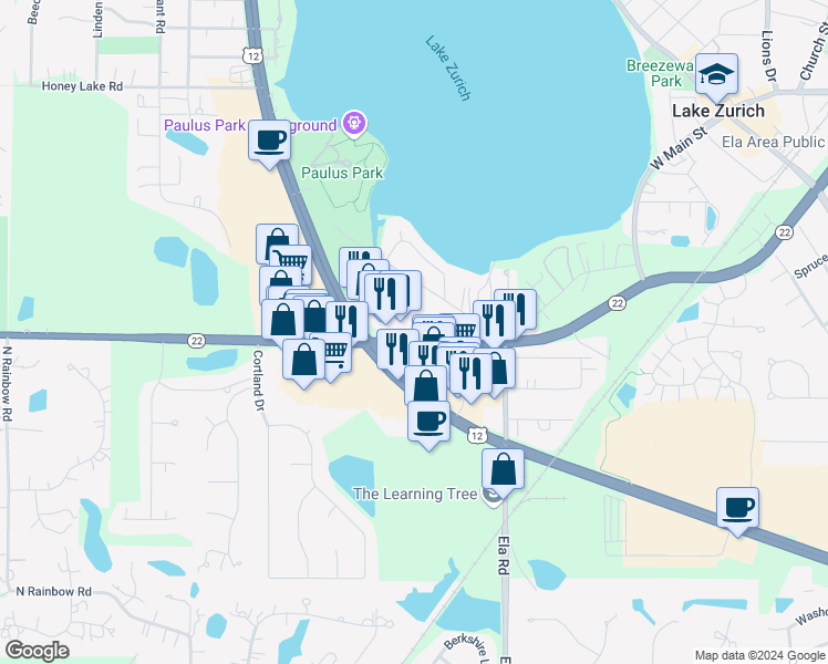 map of restaurants, bars, coffee shops, grocery stores, and more near 564 West Main Street in Lake Zurich
