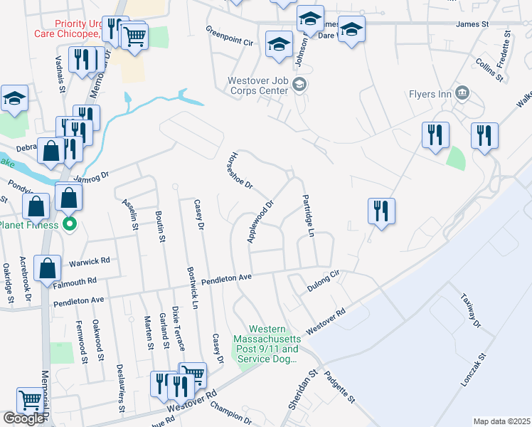 map of restaurants, bars, coffee shops, grocery stores, and more near 111 Applewood Drive in Chicopee