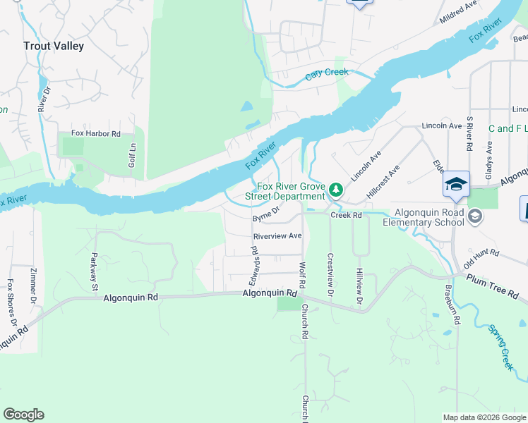 map of restaurants, bars, coffee shops, grocery stores, and more near 9527 Byrne Drive in Fox River Grove