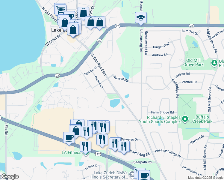 map of restaurants, bars, coffee shops, grocery stores, and more near 443 South Old Rand Road in Lake Zurich