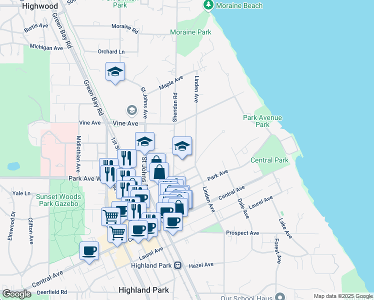 map of restaurants, bars, coffee shops, grocery stores, and more near 2100 Linden Avenue in Highland Park