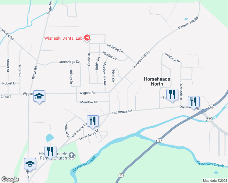 map of restaurants, bars, coffee shops, grocery stores, and more near 6 Veteran Hill Rd in Horseheads