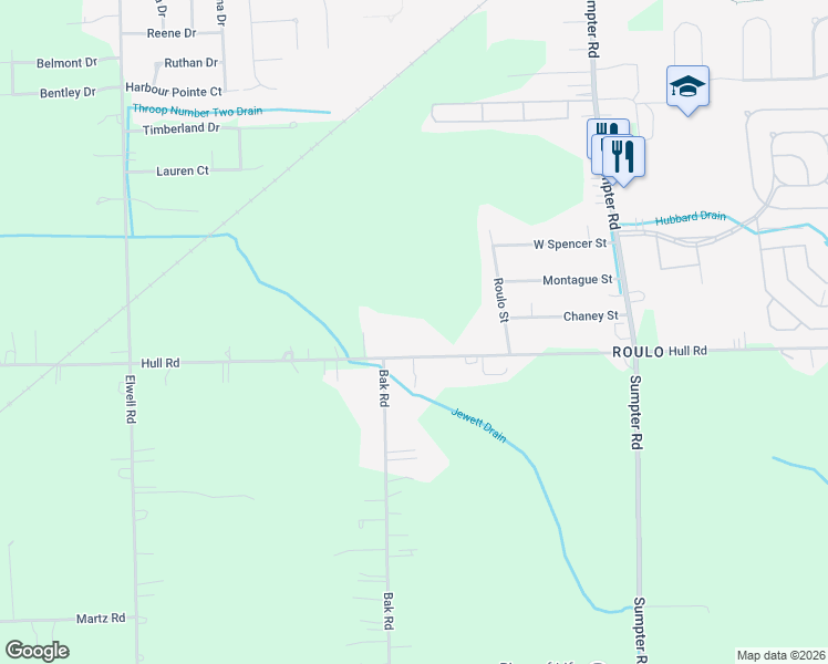 map of restaurants, bars, coffee shops, grocery stores, and more near 46300 Hull Road in Wayne County
