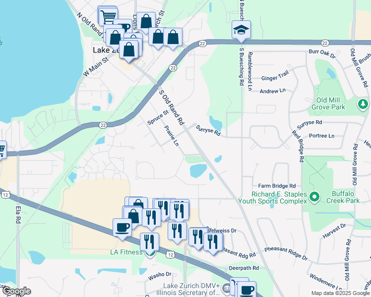 map of restaurants, bars, coffee shops, grocery stores, and more near 430 Prairie Lane in Lake Zurich