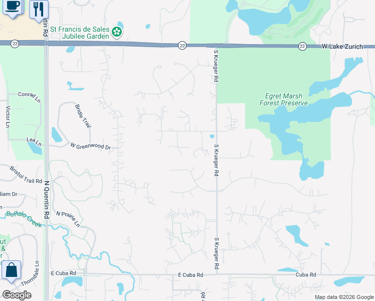 map of restaurants, bars, coffee shops, grocery stores, and more near 22563 North Ruth Court in Kildeer