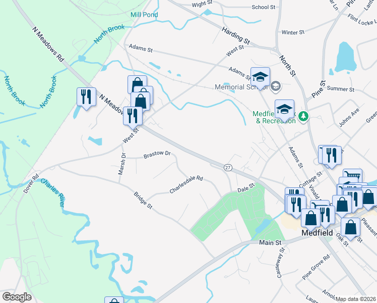 map of restaurants, bars, coffee shops, grocery stores, and more near 25 Brastow Drive in Medfield