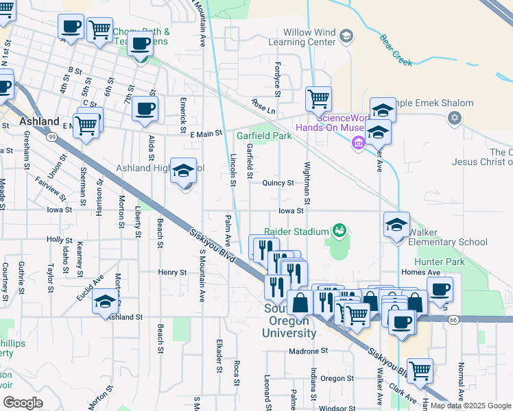 map of restaurants, bars, coffee shops, grocery stores, and more near 1273 Iowa Street in Ashland