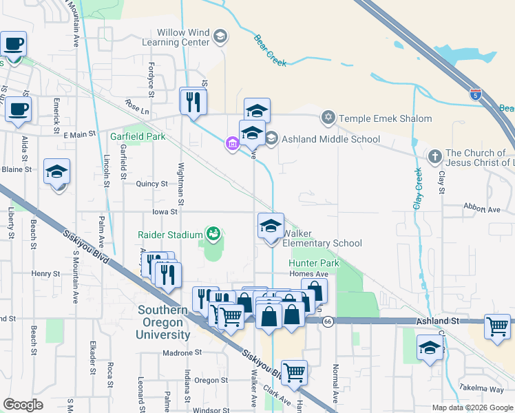 map of restaurants, bars, coffee shops, grocery stores, and more near 200 Walker Avenue in Ashland