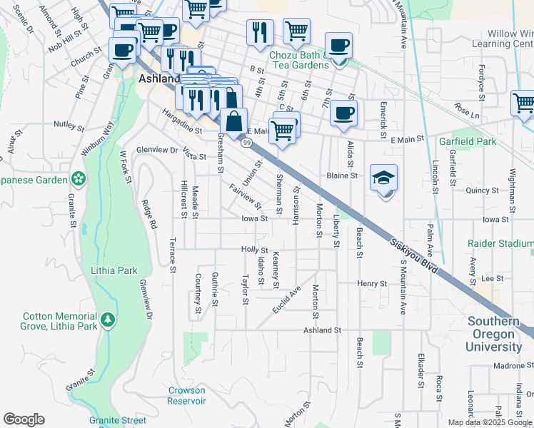 map of restaurants, bars, coffee shops, grocery stores, and more near 581 Iowa Street in Ashland