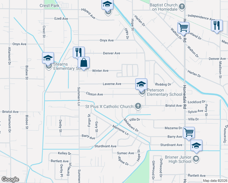 map of restaurants, bars, coffee shops, grocery stores, and more near 4615 Clinton Avenue in Klamath Falls