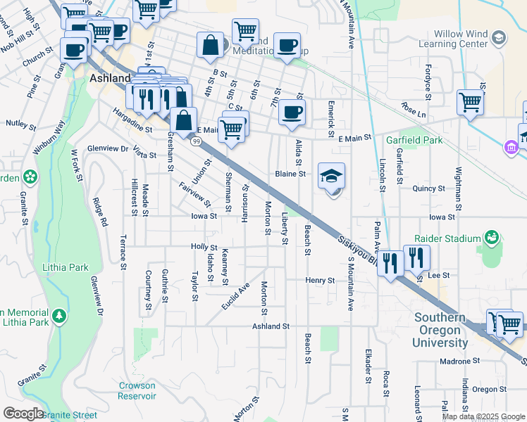 map of restaurants, bars, coffee shops, grocery stores, and more near 765 Iowa Street in Ashland