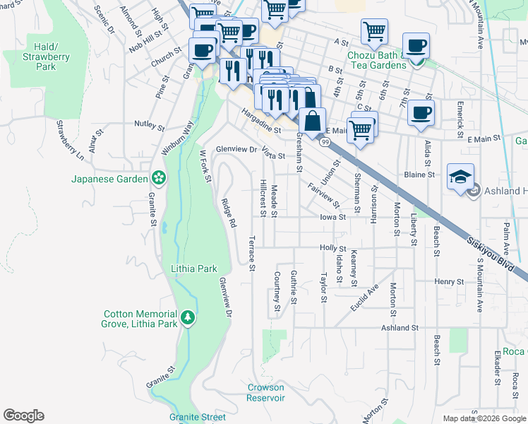 map of restaurants, bars, coffee shops, grocery stores, and more near 227 Meade Street in Ashland