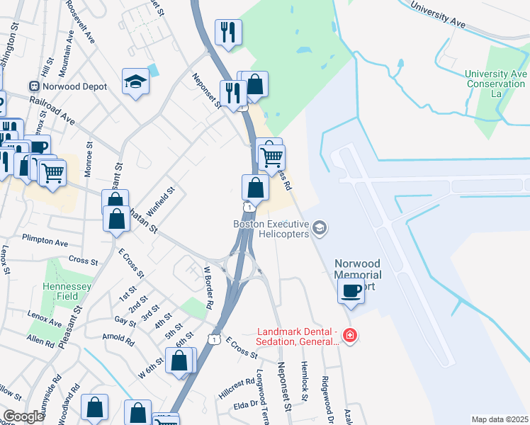 map of restaurants, bars, coffee shops, grocery stores, and more near 544 Neponset Street in Norwood