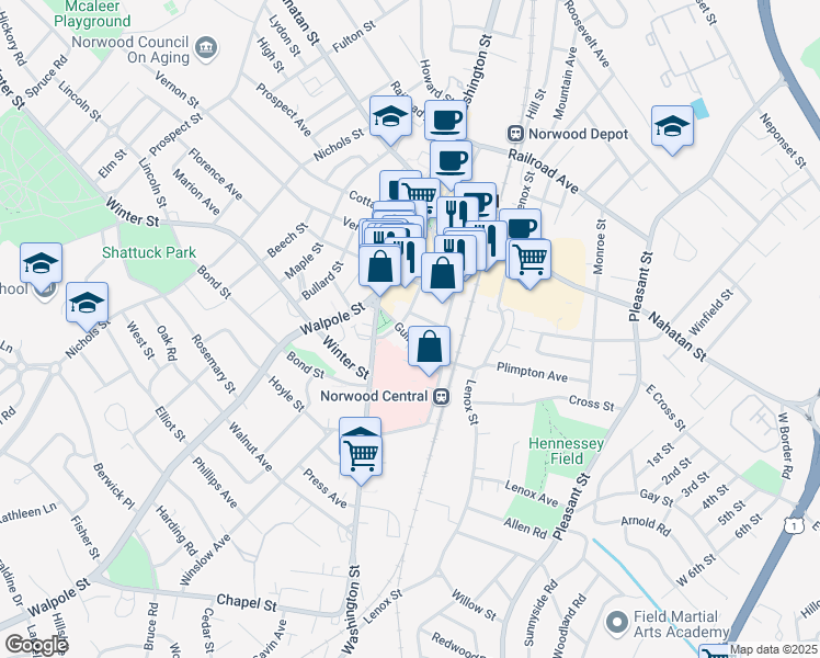 map of restaurants, bars, coffee shops, grocery stores, and more near 44 Guild Street in Norwood