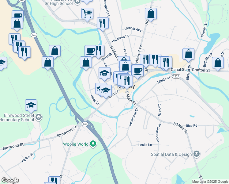map of restaurants, bars, coffee shops, grocery stores, and more near 117 Elm Street in Millbury