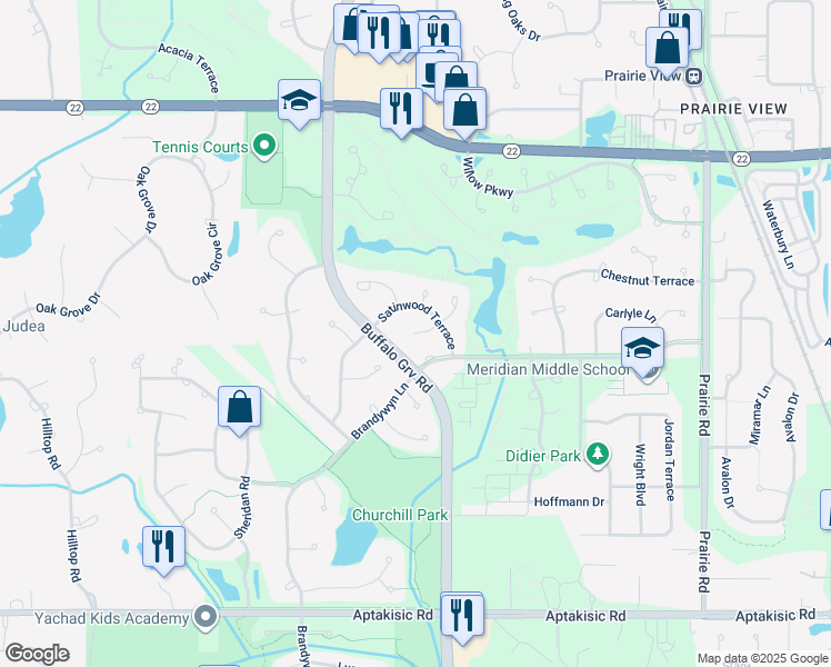 map of restaurants, bars, coffee shops, grocery stores, and more near 319 Satinwood Court North in Buffalo Grove