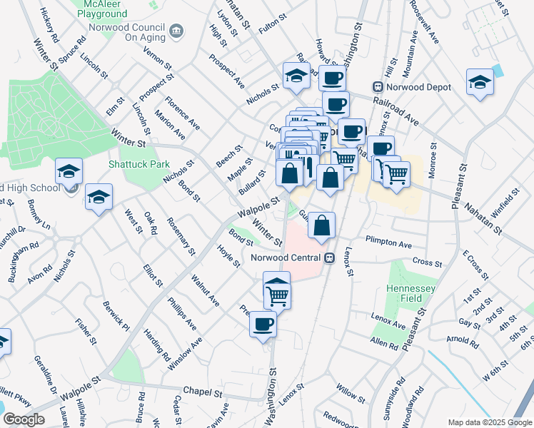 map of restaurants, bars, coffee shops, grocery stores, and more near 34-36 Walpole Street in Norwood