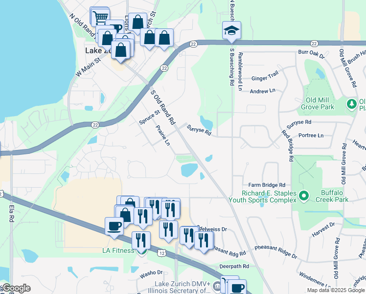 map of restaurants, bars, coffee shops, grocery stores, and more near 443 South Old Rand Road in Lake Zurich