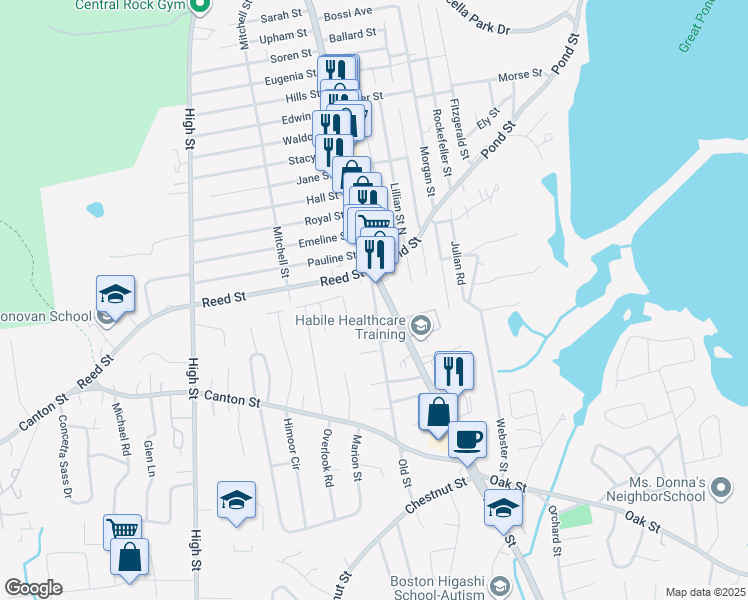 map of restaurants, bars, coffee shops, grocery stores, and more near 25 Old Street in Randolph