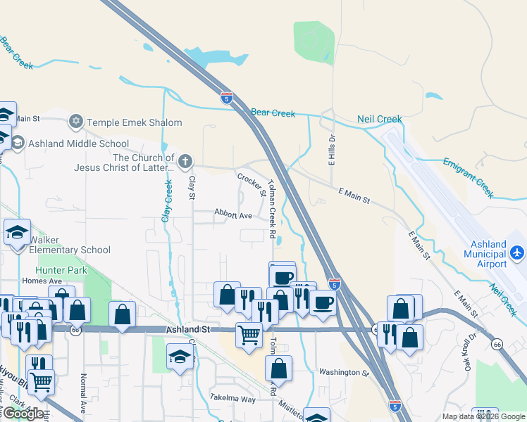 map of restaurants, bars, coffee shops, grocery stores, and more near 174 Crocker Street in Ashland