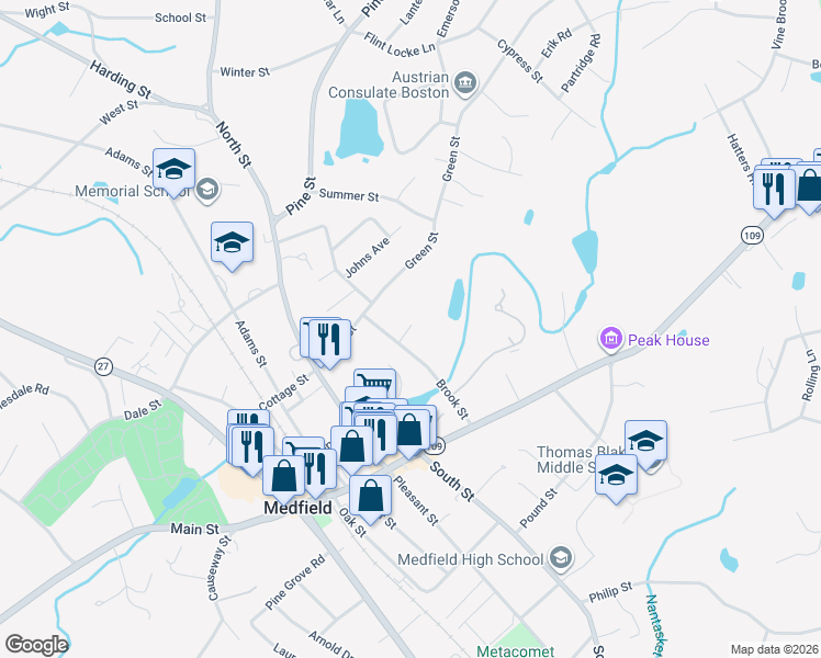 map of restaurants, bars, coffee shops, grocery stores, and more near 1 Thurston Place in Medfield