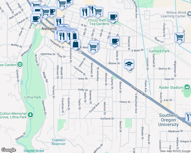 map of restaurants, bars, coffee shops, grocery stores, and more near 661 Iowa Street in Ashland