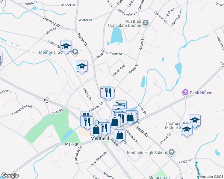 map of restaurants, bars, coffee shops, grocery stores, and more near 19 Green Street in Medfield
