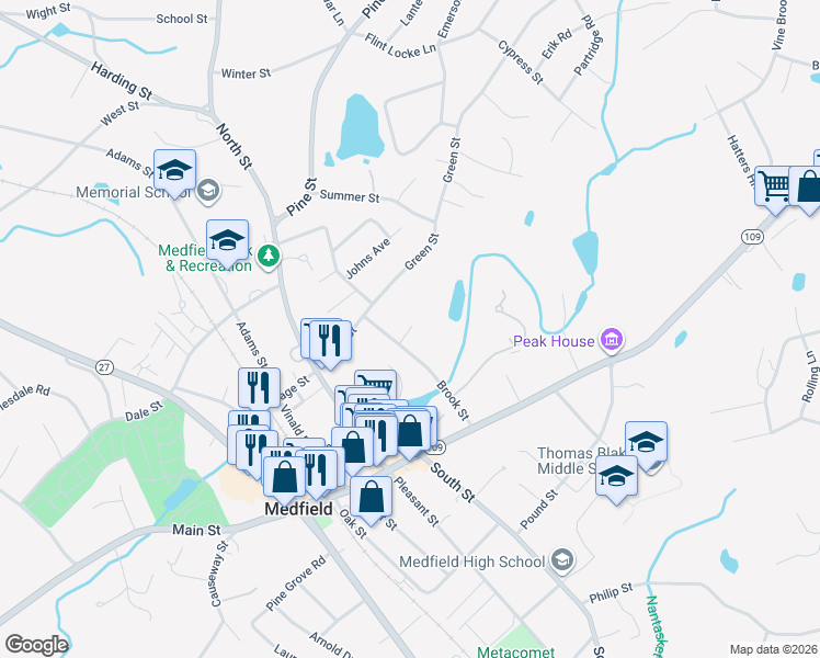 map of restaurants, bars, coffee shops, grocery stores, and more near 9 Thurston Place in Medfield