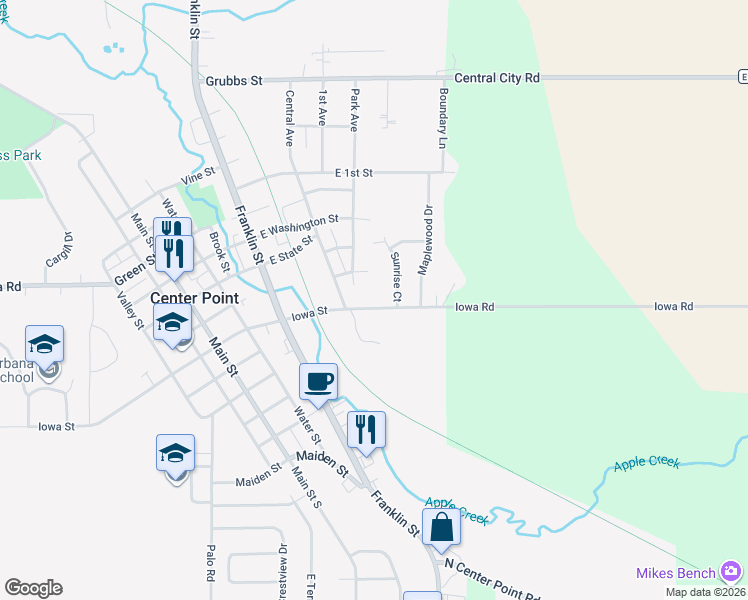 map of restaurants, bars, coffee shops, grocery stores, and more near 811 Iowa Street in Center Point