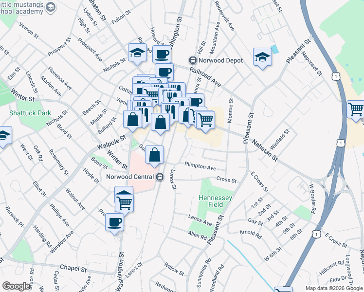 map of restaurants, bars, coffee shops, grocery stores, and more near 155 Lenox Street in Norwood