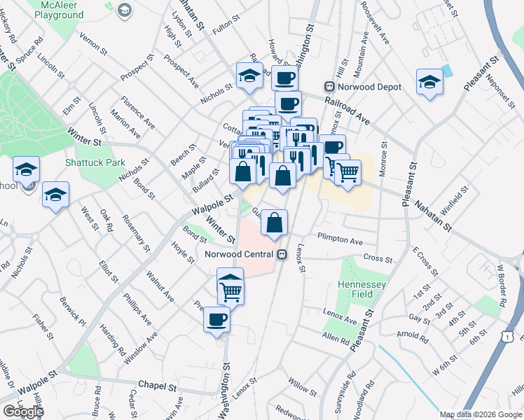 map of restaurants, bars, coffee shops, grocery stores, and more near 32 Guild Street in Norwood