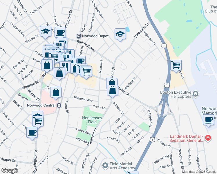 map of restaurants, bars, coffee shops, grocery stores, and more near 191 Pleasant Street in Norwood