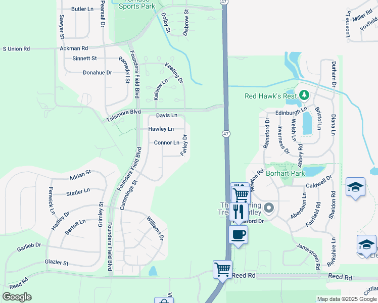 map of restaurants, bars, coffee shops, grocery stores, and more near 9540 Farley Drive in Huntley