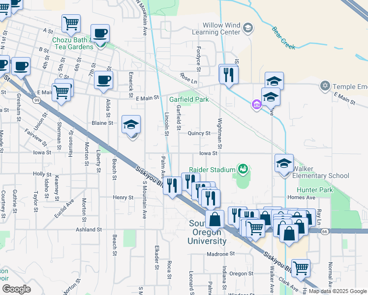 map of restaurants, bars, coffee shops, grocery stores, and more near 1273 Iowa Street in Ashland