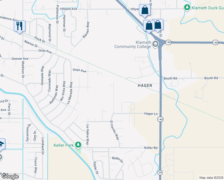 map of restaurants, bars, coffee shops, grocery stores, and more near 3934 El Cerrito Way in Klamath Falls