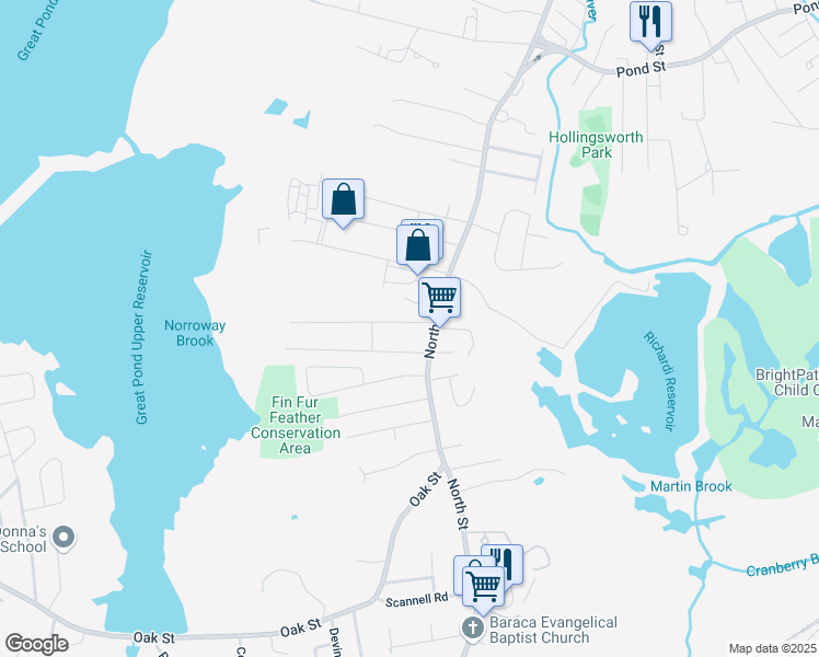map of restaurants, bars, coffee shops, grocery stores, and more near 3 Powdrell Avenue in Randolph