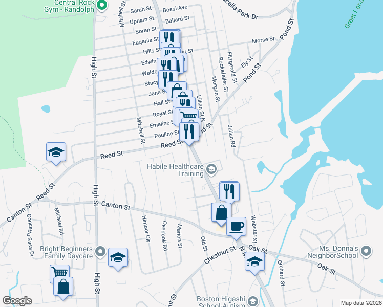 map of restaurants, bars, coffee shops, grocery stores, and more near 25 Old Street in Randolph