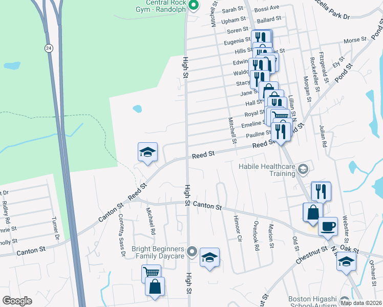map of restaurants, bars, coffee shops, grocery stores, and more near 80 Reed Street in Randolph