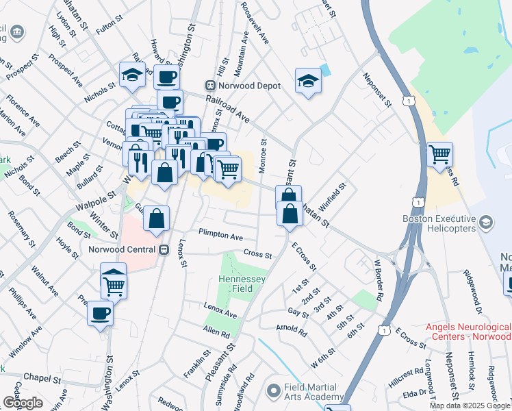 map of restaurants, bars, coffee shops, grocery stores, and more near 48 Rock Street in Norwood