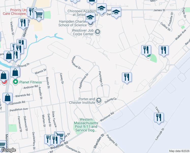 map of restaurants, bars, coffee shops, grocery stores, and more near 35 Meadowlark Lane in Chicopee
