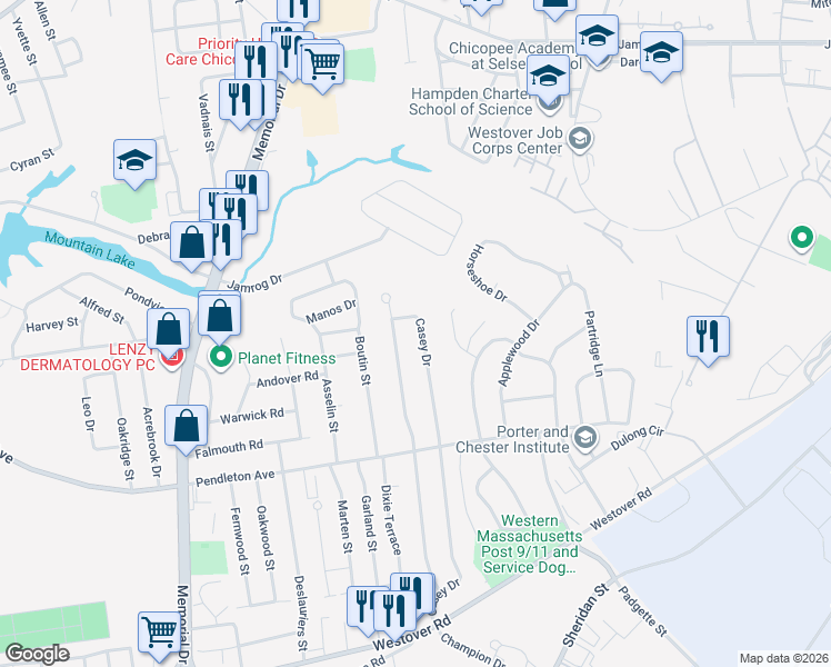 map of restaurants, bars, coffee shops, grocery stores, and more near 309 Casey Drive in Chicopee