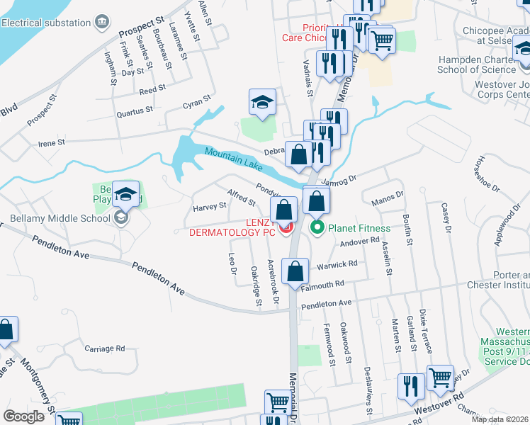 map of restaurants, bars, coffee shops, grocery stores, and more near 137 Acrebrook Drive in Chicopee