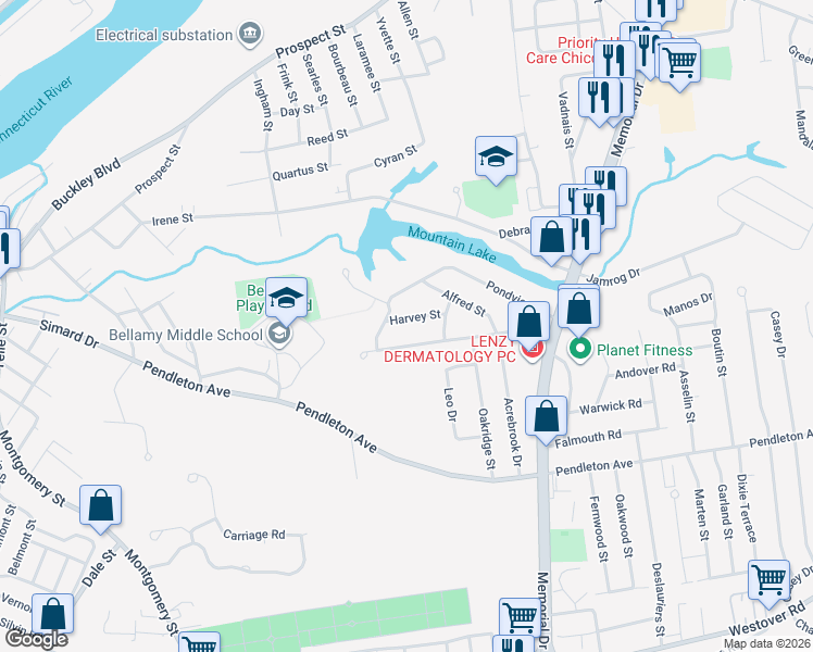 map of restaurants, bars, coffee shops, grocery stores, and more near 158 Mountainview Street in Chicopee