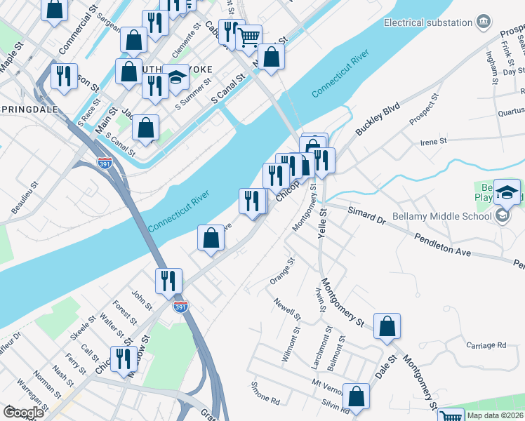 map of restaurants, bars, coffee shops, grocery stores, and more near 938 Chicopee Street in Chicopee