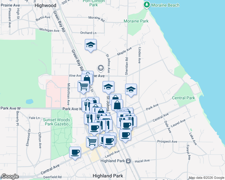 map of restaurants, bars, coffee shops, grocery stores, and more near 2101 Saint Johns Avenue in Highland Park